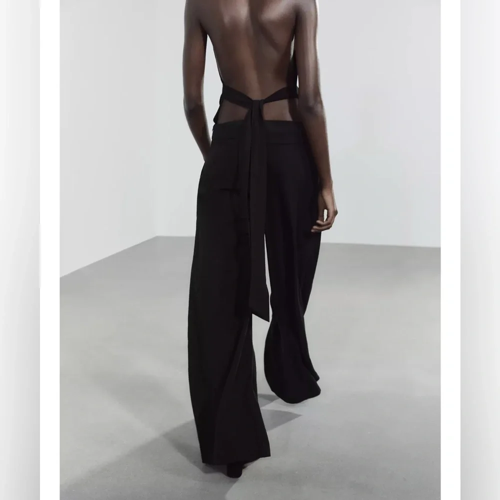 ZARA LONG OPEN BACK JUMPSUIT Black Cotton/Linen Blend XL NWT